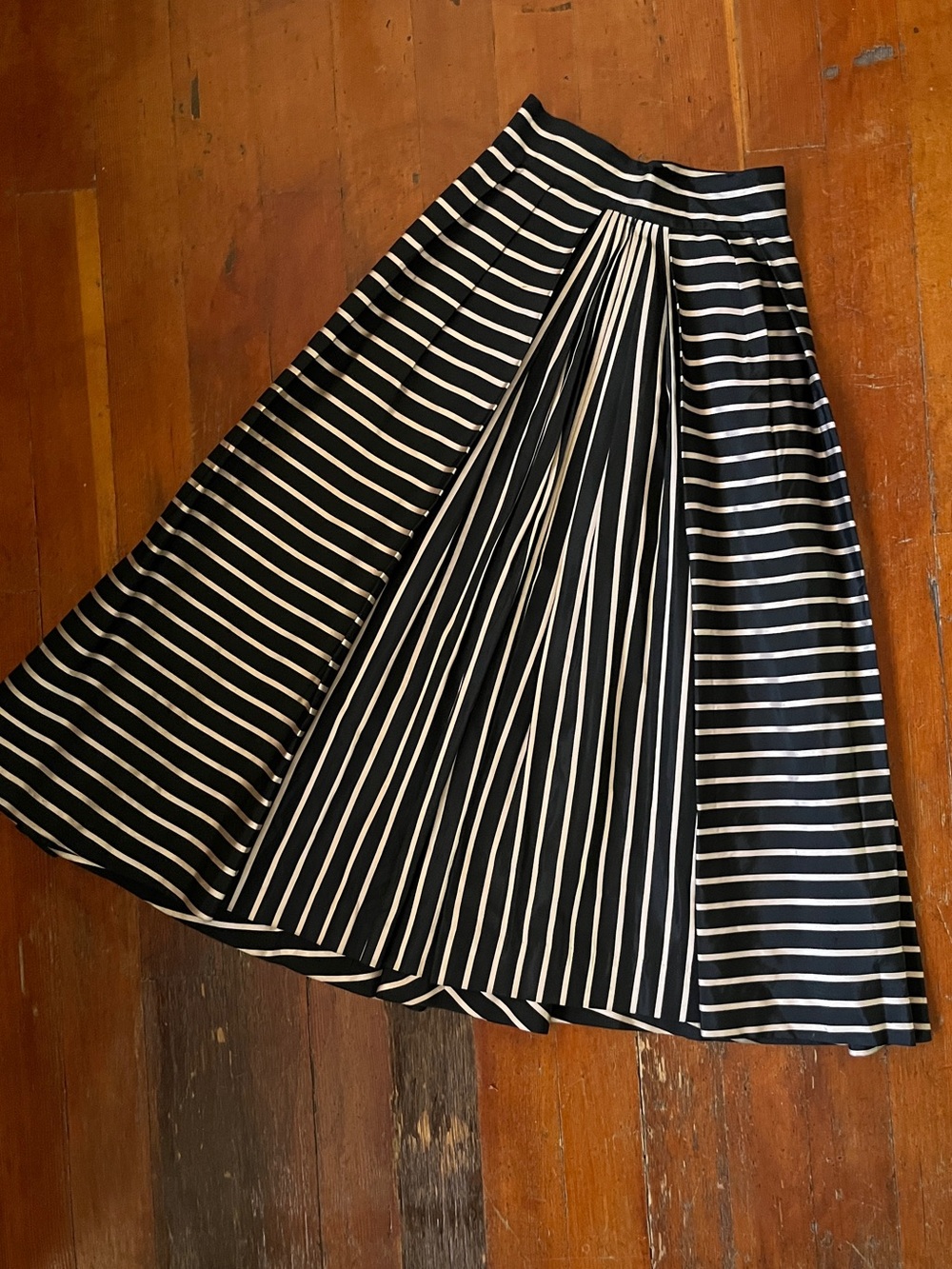 Vintage Taffeta Striped A-Line Midi Skirt with Pleat Panel